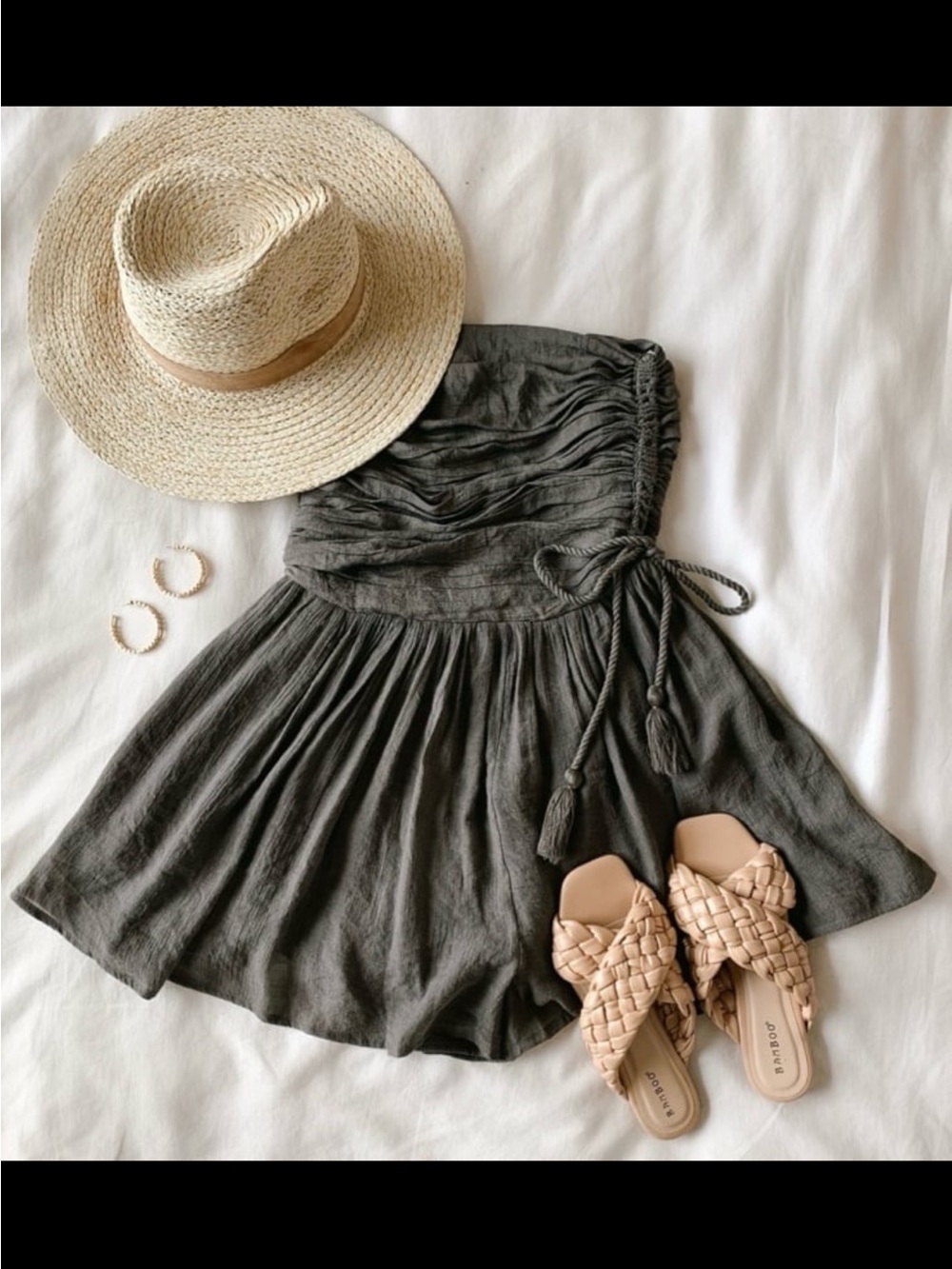 NWT Vestique Strapless Smocked Linen Romper in Charcoal